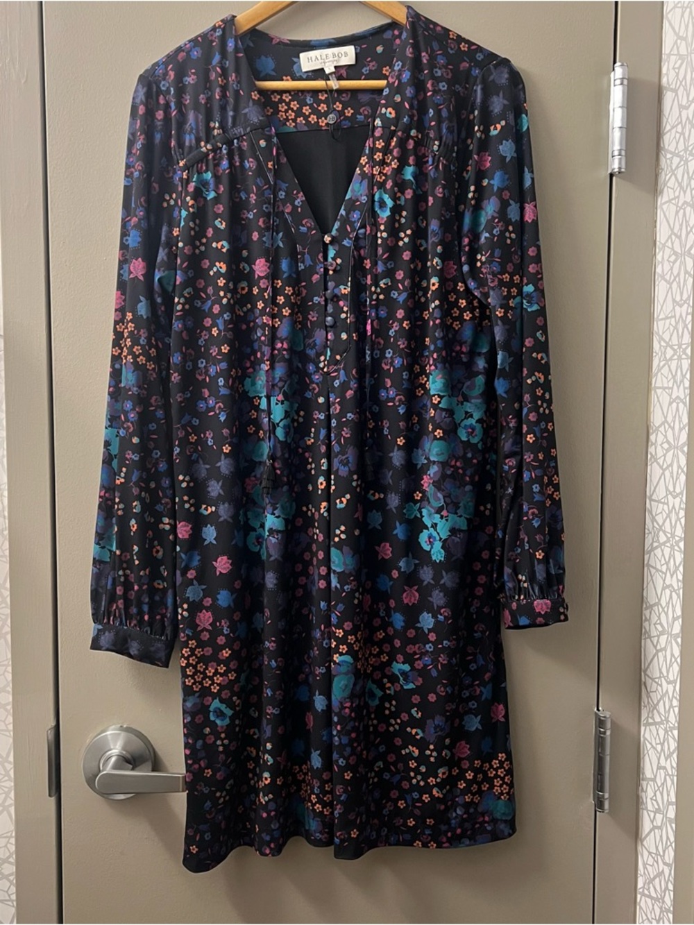 Hale Bob Black Floral Long-Sleeve V-Neck Shift Dress with Teal & Pink Accents